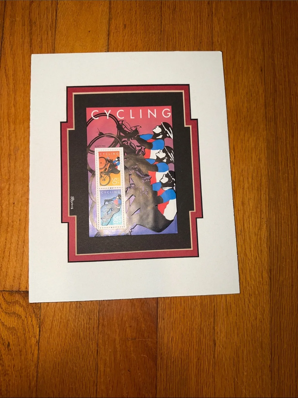 Collectible Cycling Stamps White Mat Wall Accent with Red and Black Trim